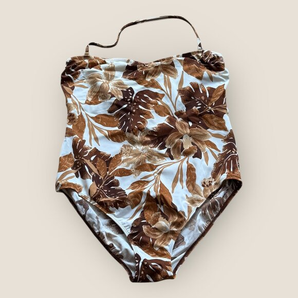 Roamans One Piece Swimsuit Brown Floral Plus Size 20W Tropical Palm Print - Picture 1 of 3